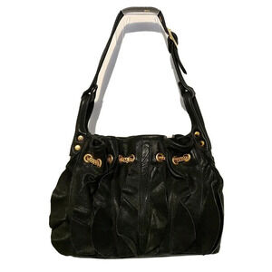 WOMEN'S Be & D HOBO SHOULDER BAG BLACK LEATHER WITH RUFFLES AND CHAIN MADE USA